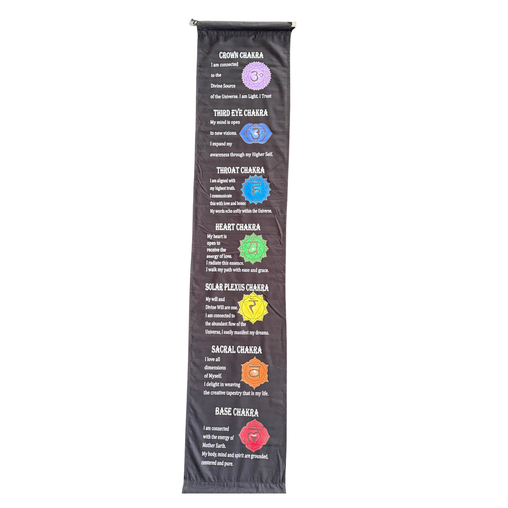 All 7 chakra symbols and descriptions in white text on a black fabric background