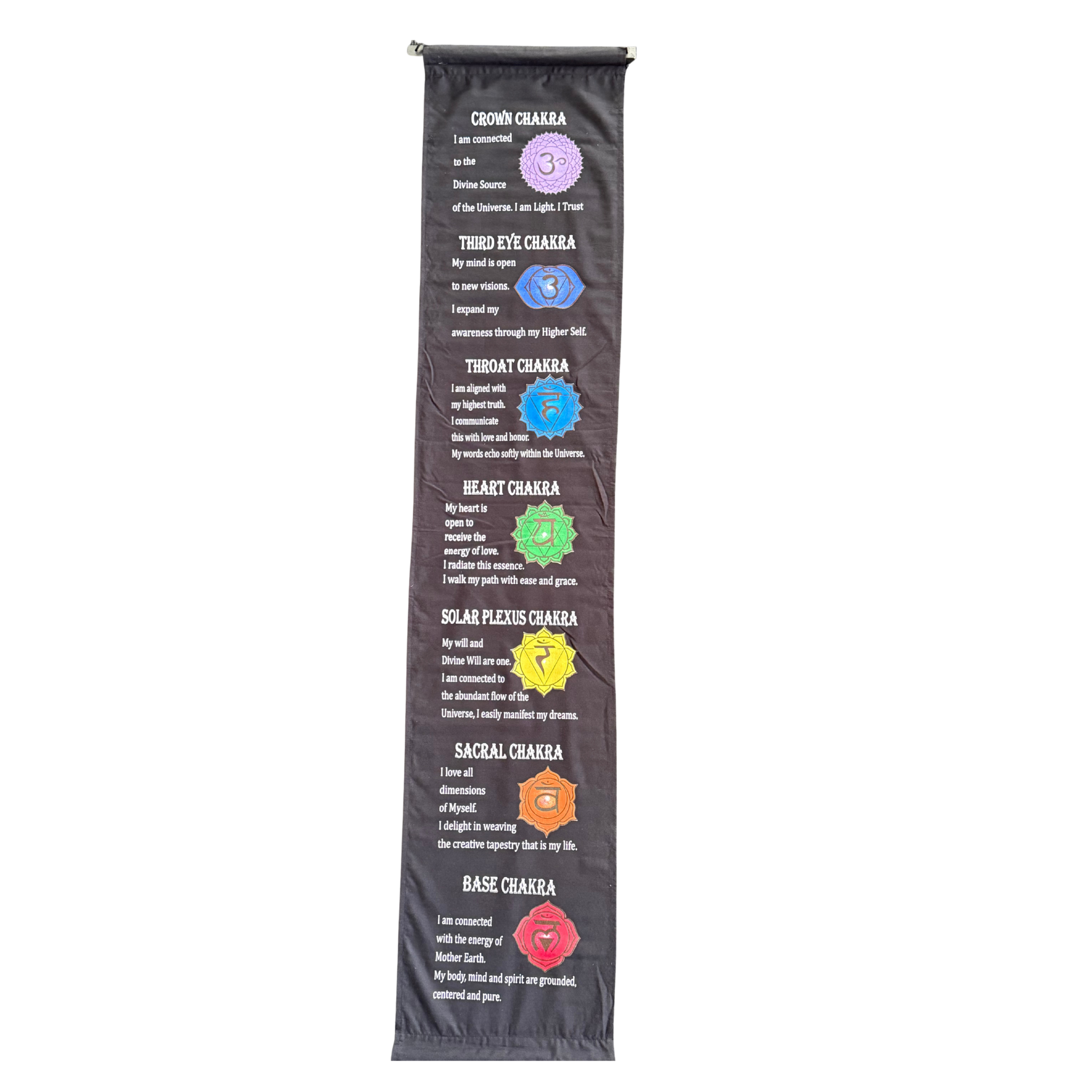 All 7 chakra symbols and descriptions in white text on a black fabric background