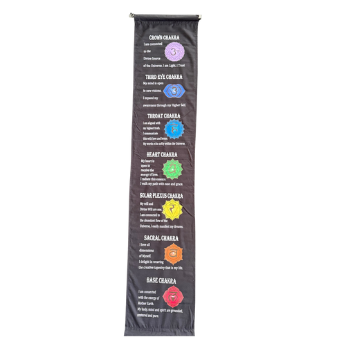 All 7 chakra symbols and descriptions in white text on a black fabric background