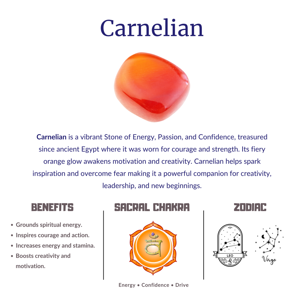 Carnelian stone with information on benefits, sacral chakra, and zodiac sign on a light gray background.