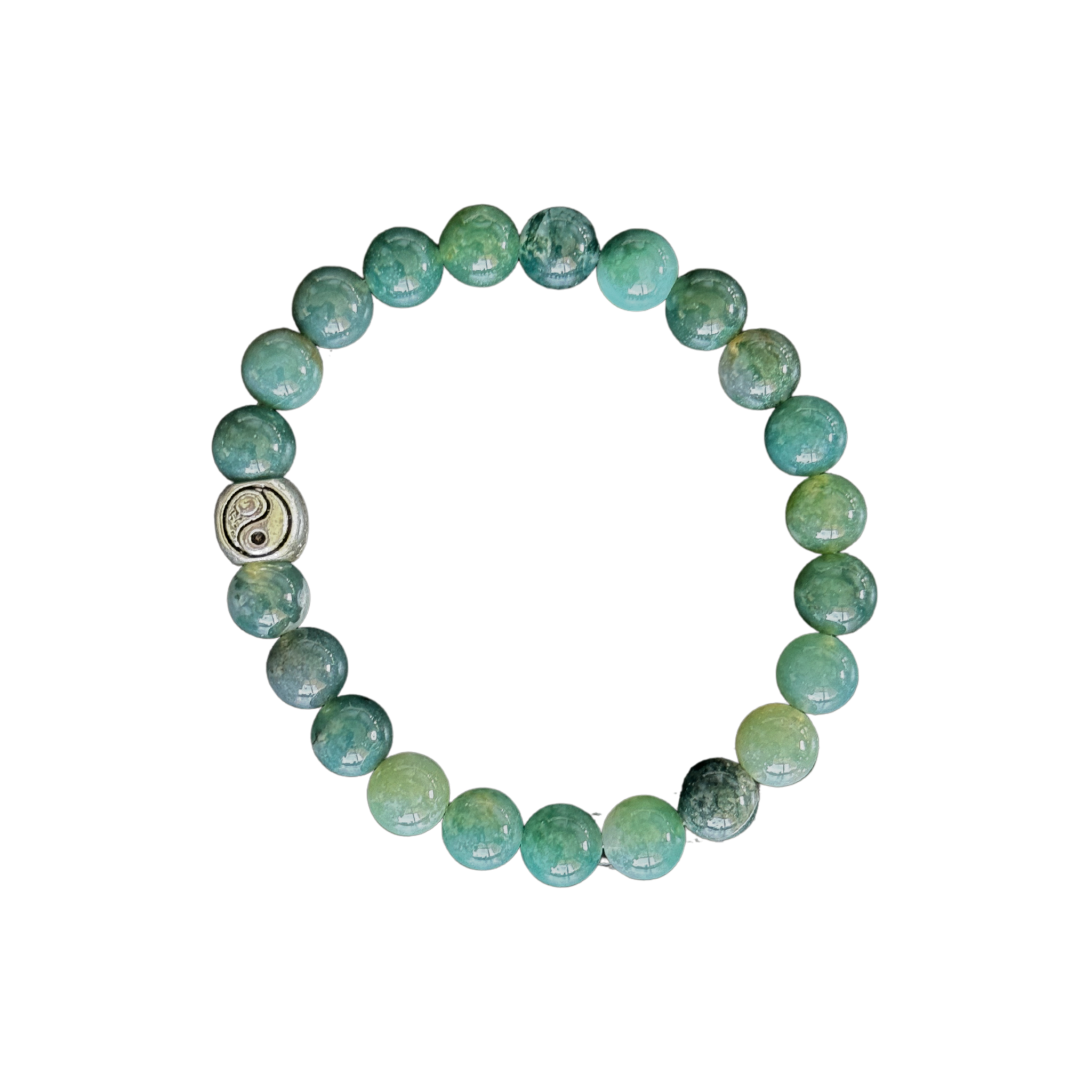 Green beaded bracelet with a silver charm on a clear background