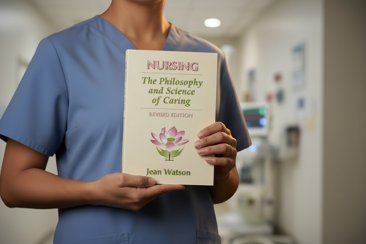 Person in blue scrubs holding a book titled 'Nursing: The Philosophy and Science of Caring' by Jean Watson in a hospital setting.