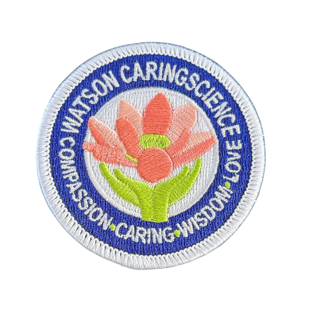 Circular patch with a flower design and text on a white background