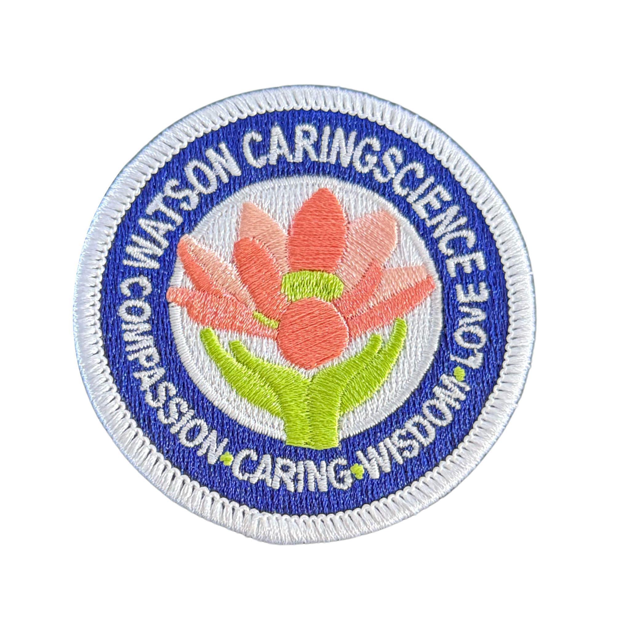 Circular patch with a flower design and text on a white background